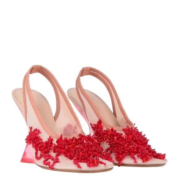 Dries Van Noten pink 110mm lucite wedge slingbacks w/ red beaded embellishments - Picture 2 of 4